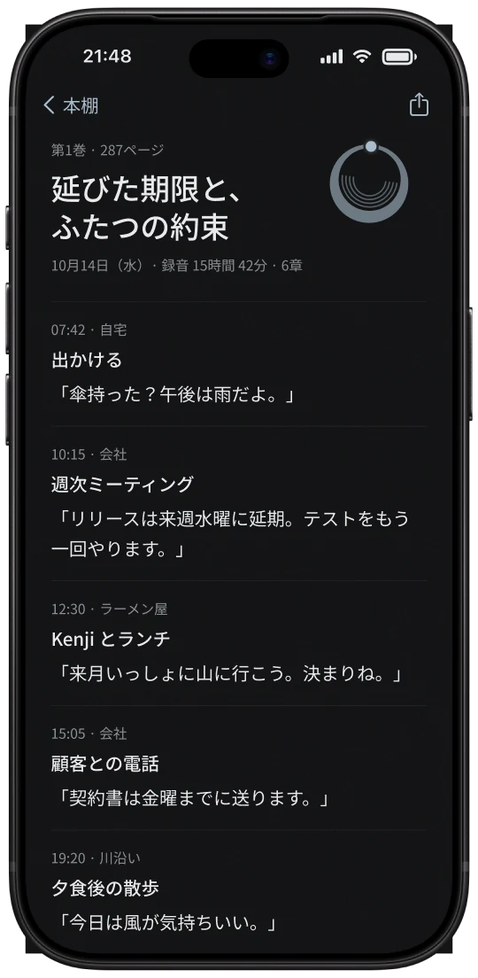 iPhone の閉じたページ:隅に日印、下に各章の発言