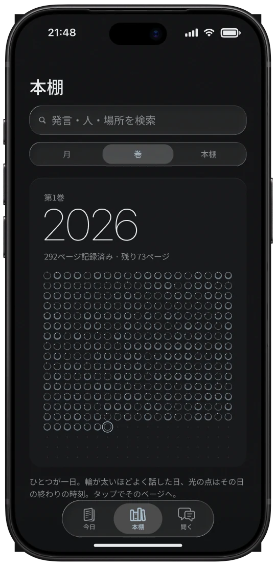 iPhone の本棚:第1巻 2026、一年分の日印が並ぶ