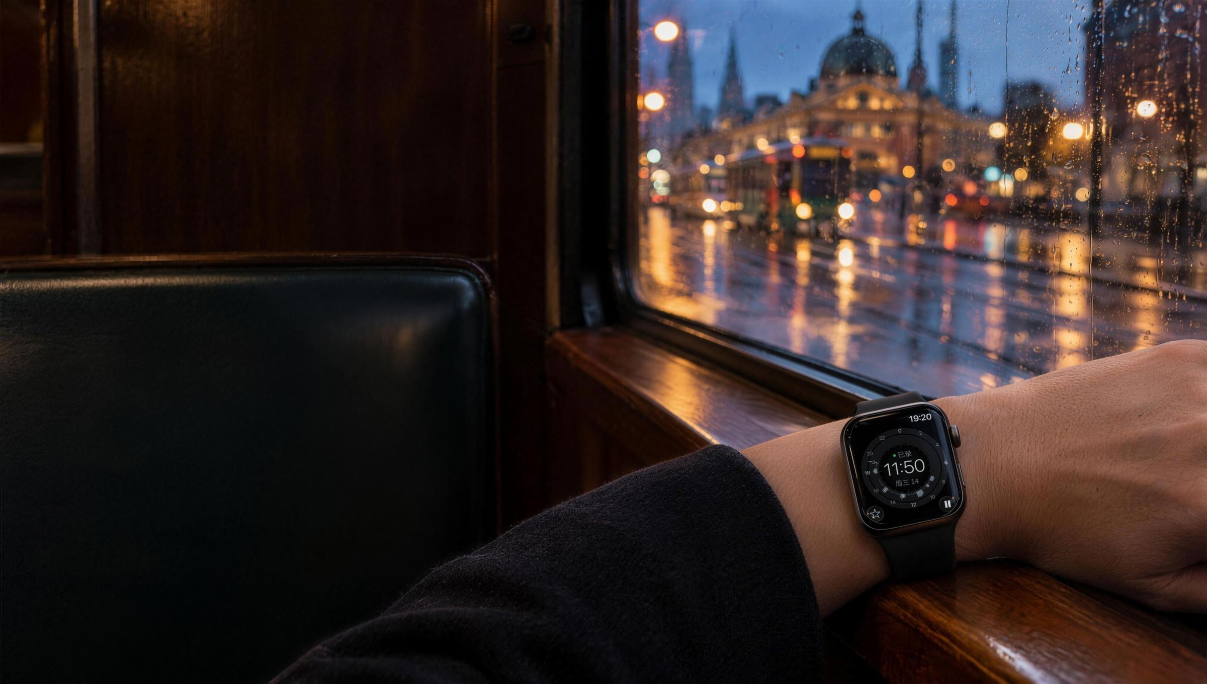 傍晚的電車上，扶著扶手的手戴著 Apple Watch（場景圖由 AI 產生）